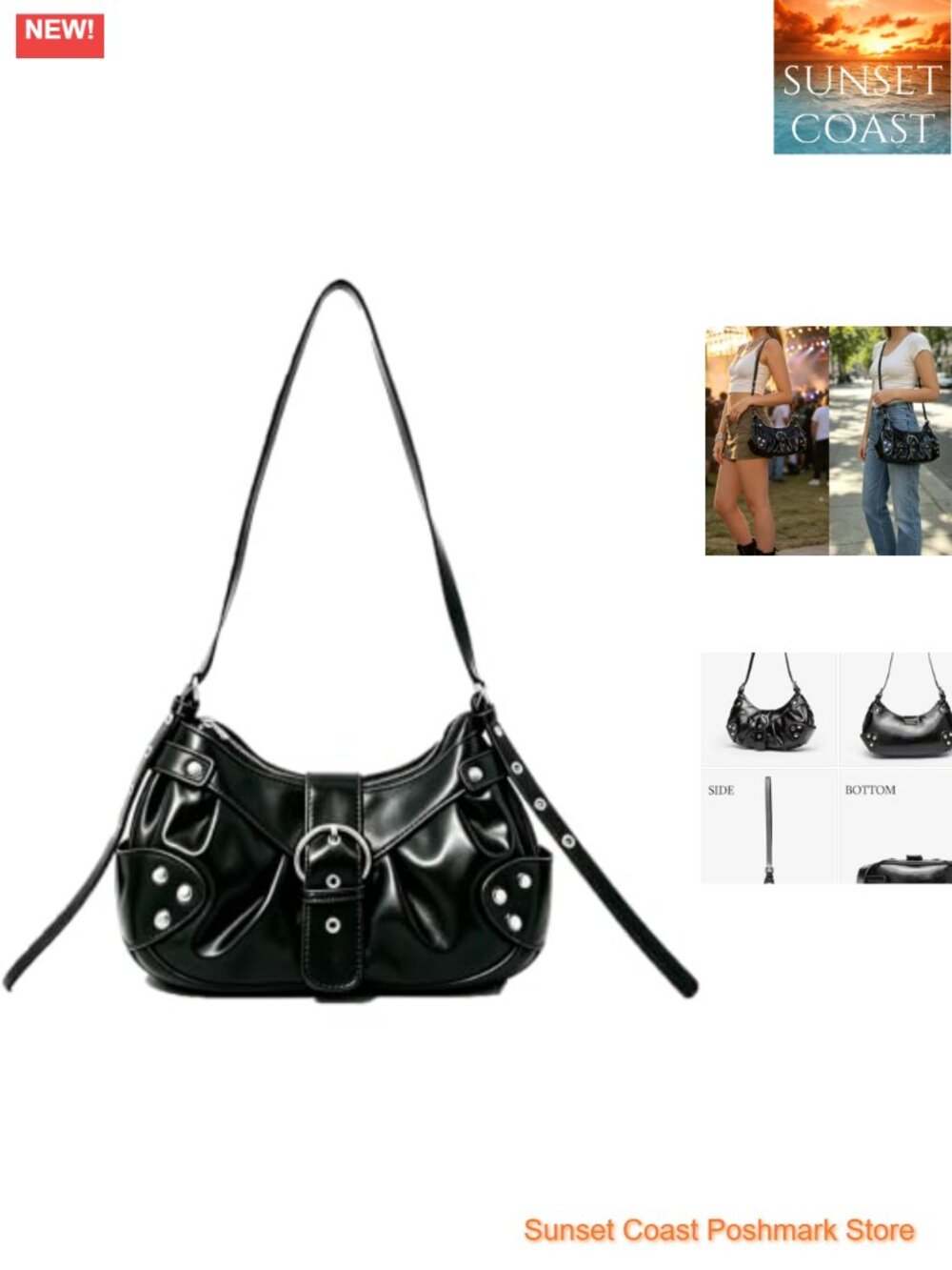 Studded Punk Goth Hobo Shoulder Bag PU Leather Adjustable Strap Y2K